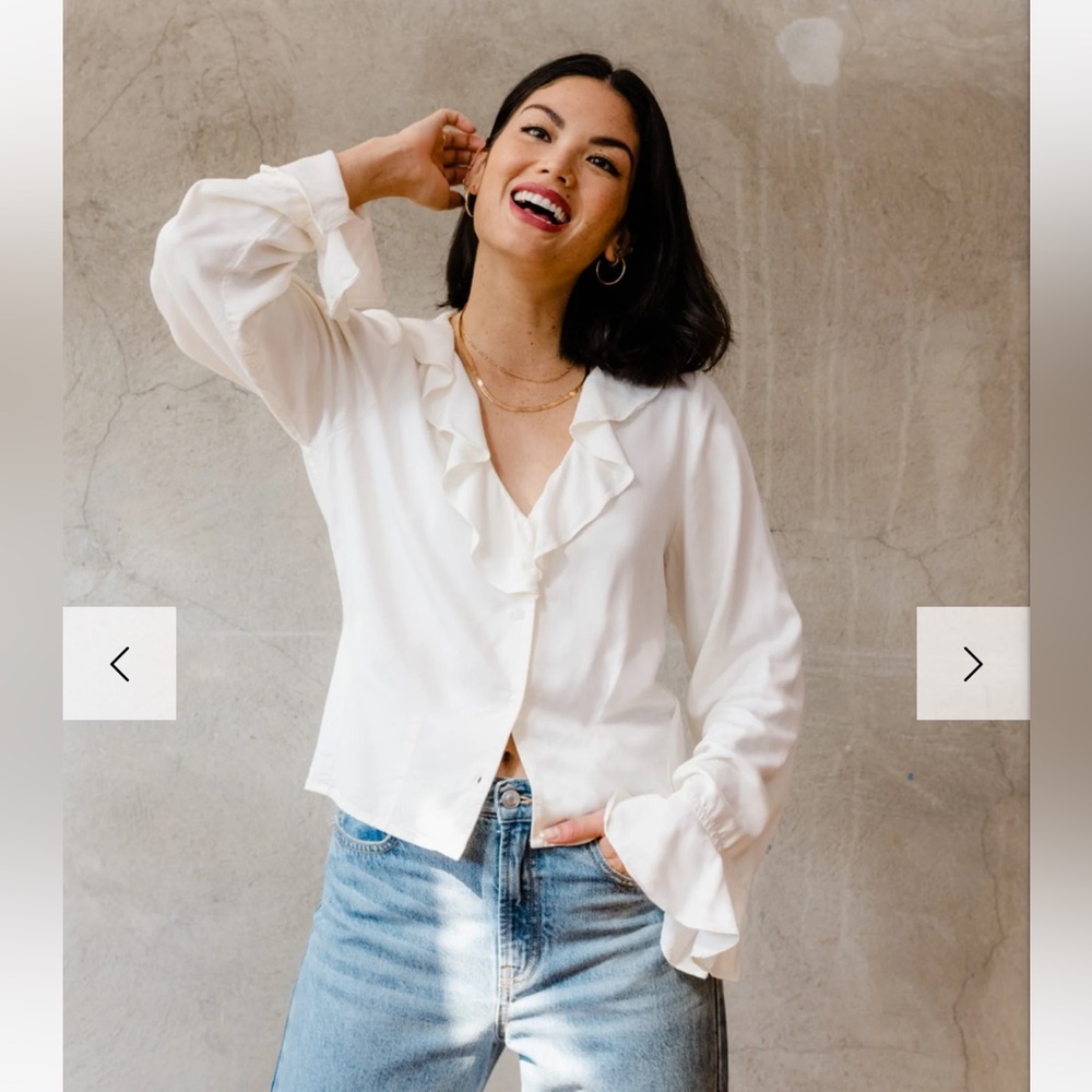 NWT Able Quincy Ruffle Button Down Blouse - Almond (cream/white) - Small